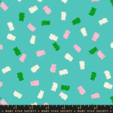 a pattern of colorful gummy bears in various shades of pink, green, and white scattered across a teal background.