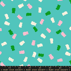 a pattern of colorful gummy bears in various shades of pink, green, and white scattered across a teal background.