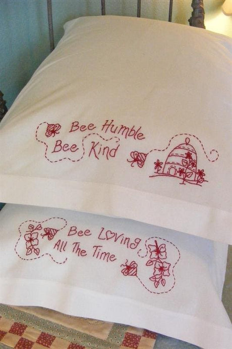 Bee Humble-Bee Kind Redwork Pillowcase BBD613 From Bird Brain Designs by Robin Kingsley Printed Pattern Only