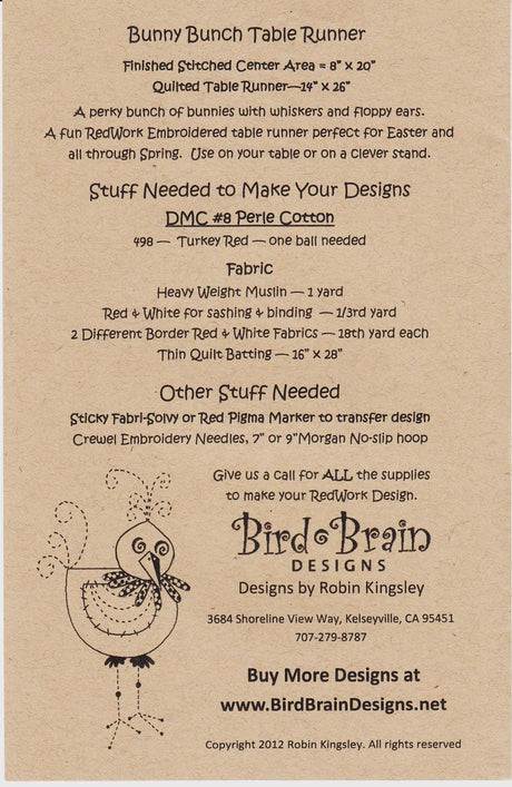 Bunny Bunch Table Runner BBD588 From Bird Brain Designs by Robin Kingsley Printed Pattern Only