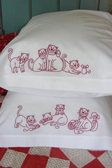 Frisky Kitties Redwork Pillowcase BBD610 From Bird Brain Designs by Robin Kingsley Printed Pattern Only