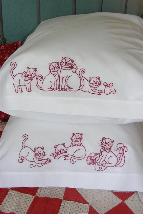 Frisky Kitties Redwork Pillowcase BBD610 From Bird Brain Designs by Robin Kingsley Printed Pattern Only