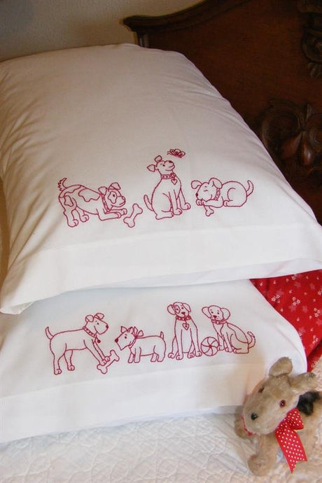 Playful Pups Redwork Pillowcase BBD611 From Bird Brain Designs by Robin Kingsley Printed Pattern Only