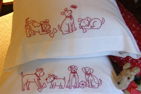 Playful Pups Redwork Pillowcase BBD611 From Bird Brain Designs by Robin Kingsley Printed Pattern Only