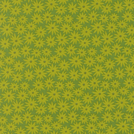a repeating pattern of yellow flowers against a green background.