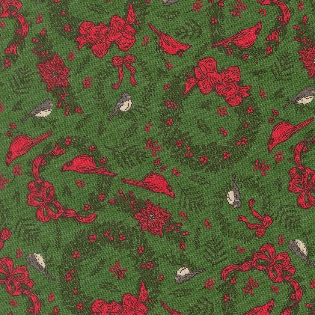 a repeating pattern of red and green Christmas-themed elements, including poinsettias, birds, and bows, creating a festive and holiday-inspired design.