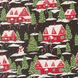 The image is a repeating pattern of red houses with white roofs, green trees, and a snowman, all set against a dark background with falling snowflakes.