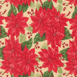 a repeating pattern of red poinsettia flowers with green leaves and berries against a light beige background.
