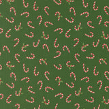 a repeating pattern of red and white striped candy canes against a dark green background.