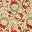 a repeating pattern of Christmas-themed elements, including red bows, poinsettias, birds, and wreaths, all set against a beige background.