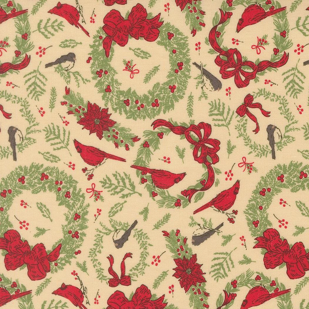 a repeating pattern of Christmas-themed elements, including red bows, poinsettias, birds, and wreaths, all set against a beige background.