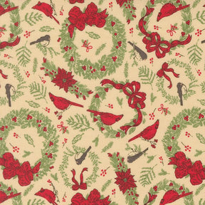 a repeating pattern of Christmas-themed elements, including red bows, poinsettias, birds, and wreaths, all set against a beige background.