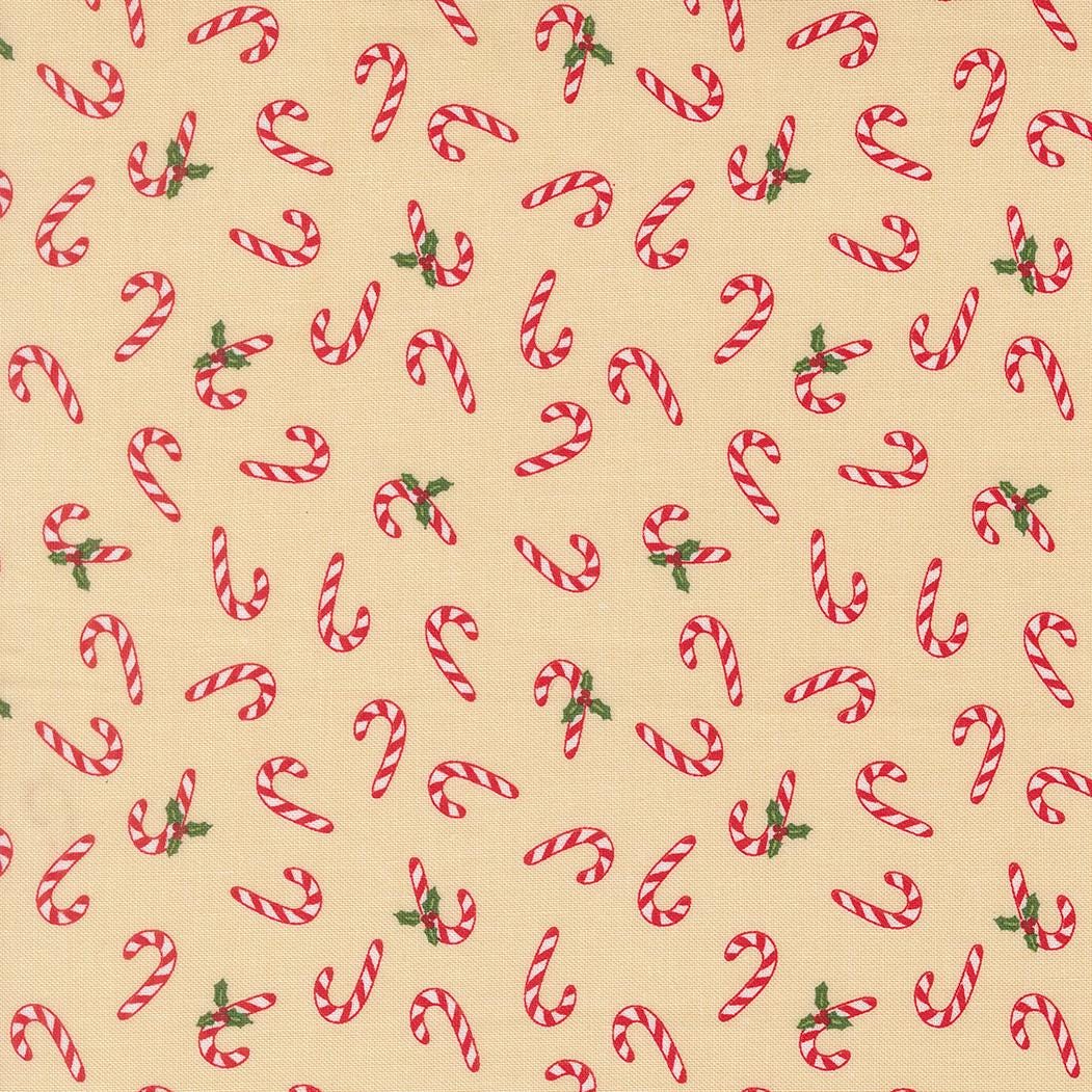 numerous red and white striped candy canes scattered across a beige background.