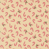 numerous red and white striped candy canes scattered across a beige background.