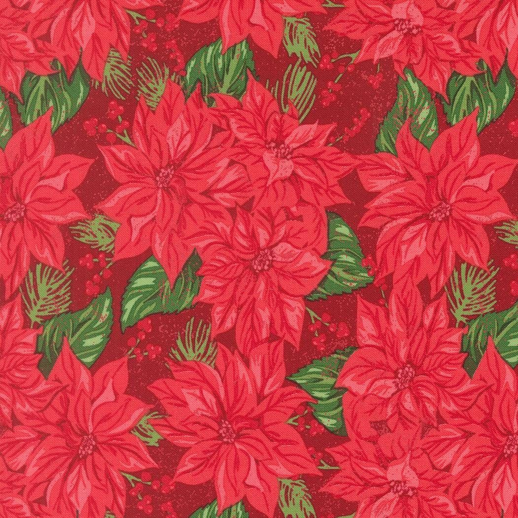 a repeating pattern of red poinsettia flowers with green leaves, creating a vibrant and festive holiday-themed design.