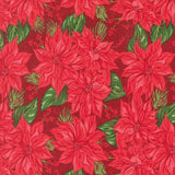 a repeating pattern of red poinsettia flowers with green leaves, creating a vibrant and festive holiday-themed design.