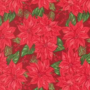 a repeating pattern of red poinsettia flowers with green leaves, creating a vibrant and festive holiday-themed design.