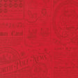 The image is a red fabric with various Christmas-themed illustrations and text, including a calendar, Santa Claus, and holiday-related phrases.
