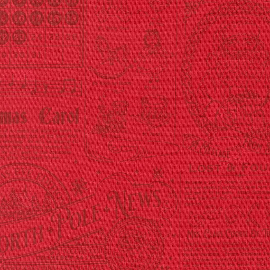 The image is a red fabric with various Christmas-themed illustrations and text, including a calendar, Santa Claus, and holiday-related phrases.