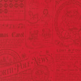 The image is a red fabric with various Christmas-themed illustrations and text, including a calendar, Santa Claus, and holiday-related phrases.