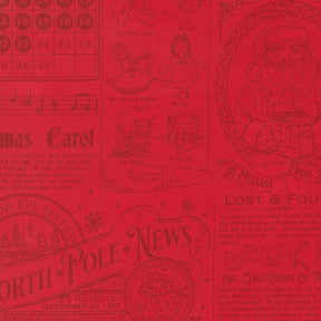 The image is a red fabric with various Christmas-themed illustrations and text, including a calendar, Santa Claus, and holiday-related phrases.