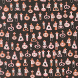 a repeating pattern of various bottles and containers, including vials, flasks, and other objects, all set against a dark background. The bottles are depicted in different shapes, sizes, and colors, creating a visually striking and diverse arrangement.