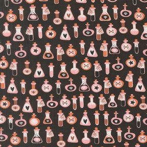 a repeating pattern of various bottles and containers, including vials, flasks, and other objects, all set against a dark background. The bottles are depicted in different shapes, sizes, and colors, creating a visually striking and diverse arrangement.
