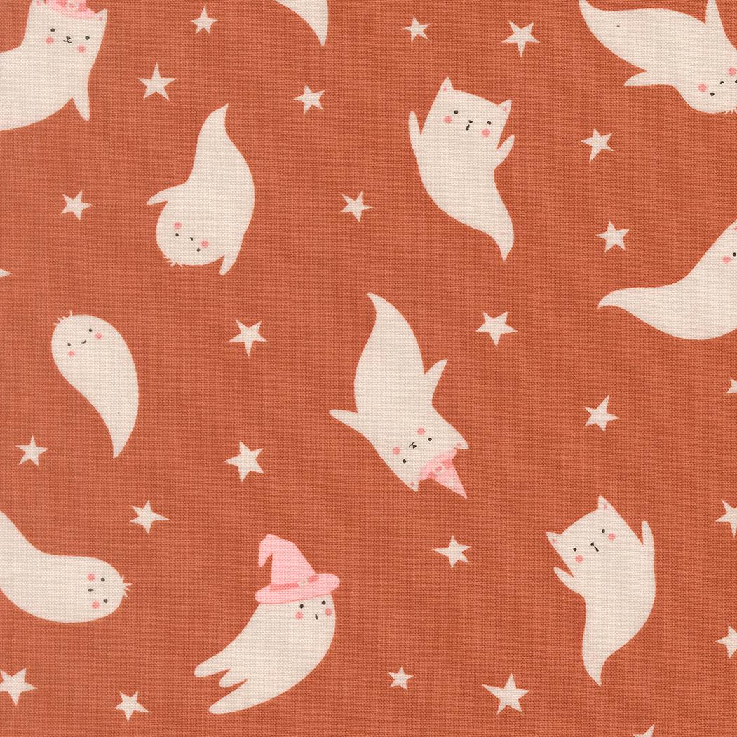 a playful and whimsical pattern of ghost-like figures and stars on a brown background.