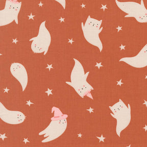 a playful and whimsical pattern of ghost-like figures and stars on a brown background.