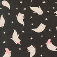 a whimsical scene of ghostly white cats and a witch wearing a pink hat, all set against a starry night sky background.