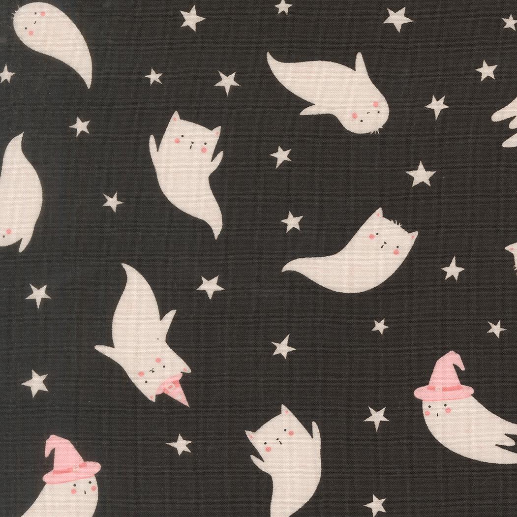 a whimsical scene of ghostly white cats and a witch wearing a pink hat, all set against a starry night sky background.