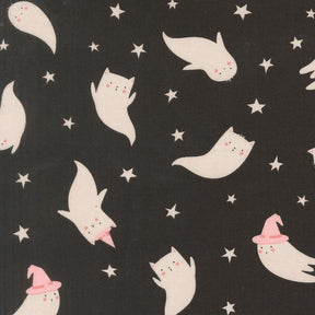 a whimsical scene of ghostly white cats and a witch wearing a pink hat, all set against a starry night sky background.