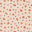 a repeating pattern of Halloween-themed pumpkins and black insects on a beige background.
