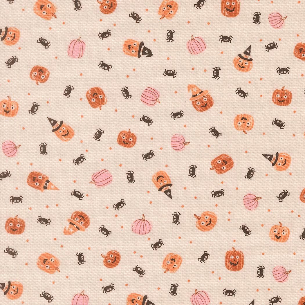 a repeating pattern of Halloween-themed pumpkins and black insects on a beige background.
