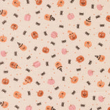 a repeating pattern of Halloween-themed pumpkins and black insects on a beige background.