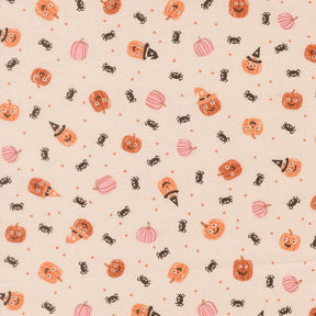 a repeating pattern of Halloween-themed pumpkins and black insects on a beige background.
