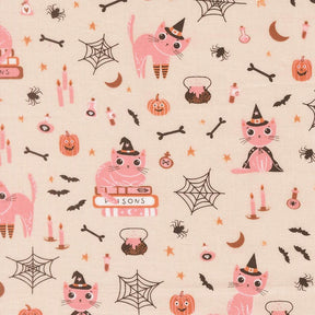 The image is a repeating pattern of Halloween-themed illustrations featuring cats, bats, pumpkins, spider webbing, and other spooky and festive elements.