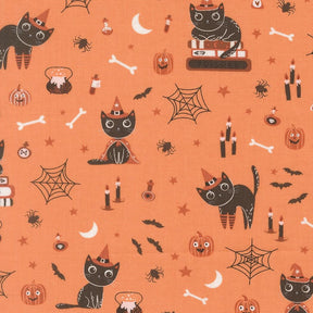 The image is a repeating pattern of Halloween-themed illustrations, including cats, bats, pumpkins, spider webbing, and candles.