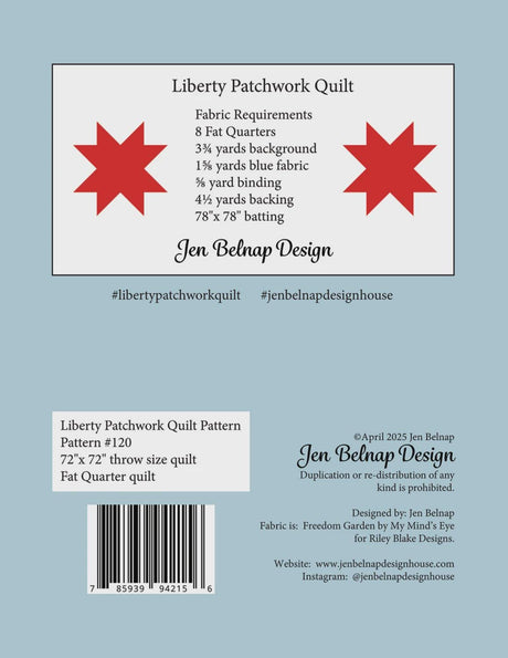 Liberty Patchwork Quilt Printed Pattern Only - Finished Size 78 x 78 TSC-120 From Smitten Chicken By Jen Belnap
