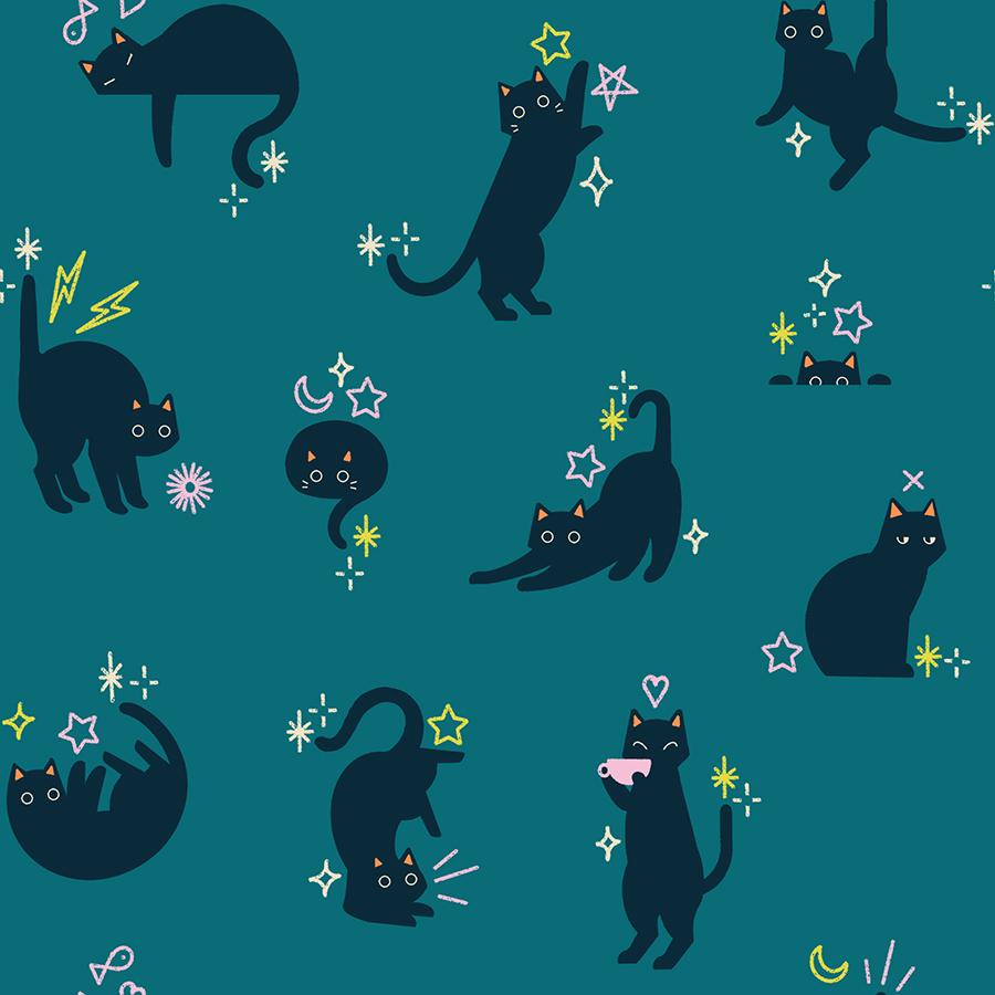 a collection of stylized black cats in various poses and expressions, set against a teal background with stars and lightning bolts.