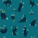 a collection of stylized black cats in various poses and expressions, set against a teal background with stars and lightning bolts.
