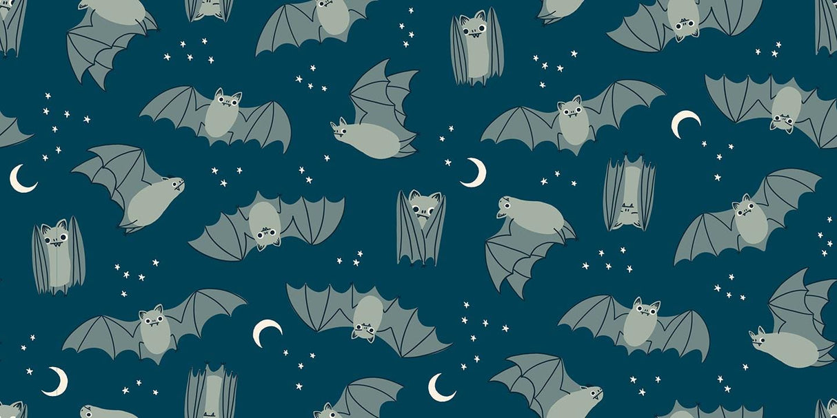 The image is a repeating pattern of gray bats flying against a dark blue background with white stars and crescent moons.
