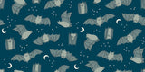The image is a repeating pattern of gray bats flying against a dark blue background with white stars and crescent moons.