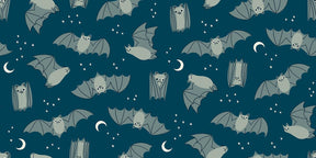 The image is a repeating pattern of gray bats flying against a dark blue background with white stars and crescent moons.