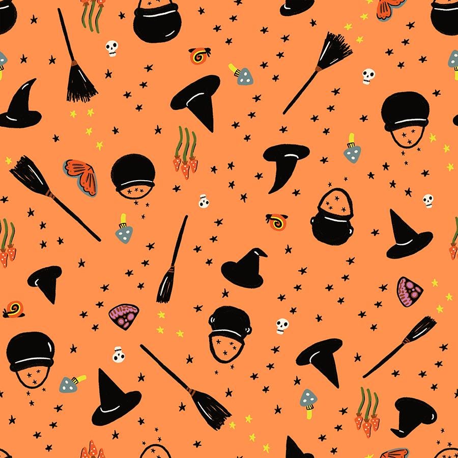 a repeating pattern of Halloween-themed silhouettes and objects, including bats, skulls, broomsticks, and other spooky symbols, all set against an orange background with scattered stars.