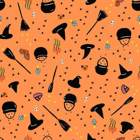 a repeating pattern of Halloween-themed silhouettes and objects, including bats, skulls, broomsticks, and other spooky symbols, all set against an orange background with scattered stars.