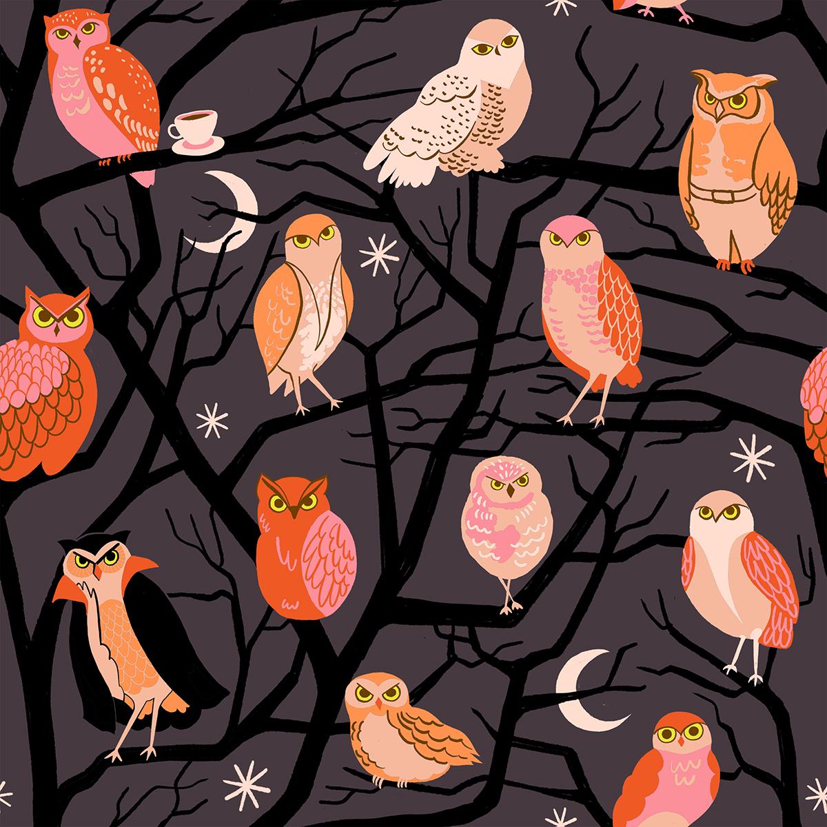 The image is a repeating pattern of various owl illustrations in different poses and colors, set against a dark background with stars and crescent moons.