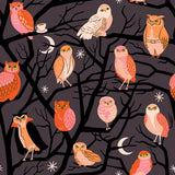 The image is a repeating pattern of various owl illustrations in different poses and colors, set against a dark background with stars and crescent moons.