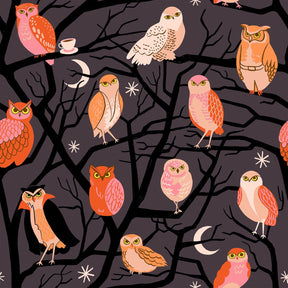 The image is a repeating pattern of various owl illustrations in different poses and colors, set against a dark background with stars and crescent moons.