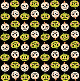 a repeating pattern of stylized pumpkins and skulls on a black background.